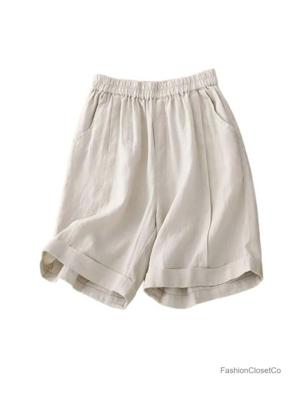 Linen High Waisted Pleated Bermuda Shorts with Pockets Elastic Waist Wide Leg